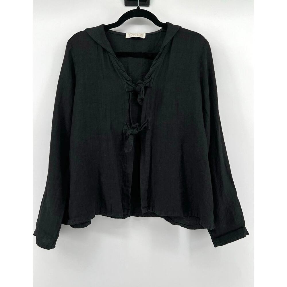 Vintage Potpourri Designs Black Linen Tie-Front Cardigan Top Lagenlook Sailor